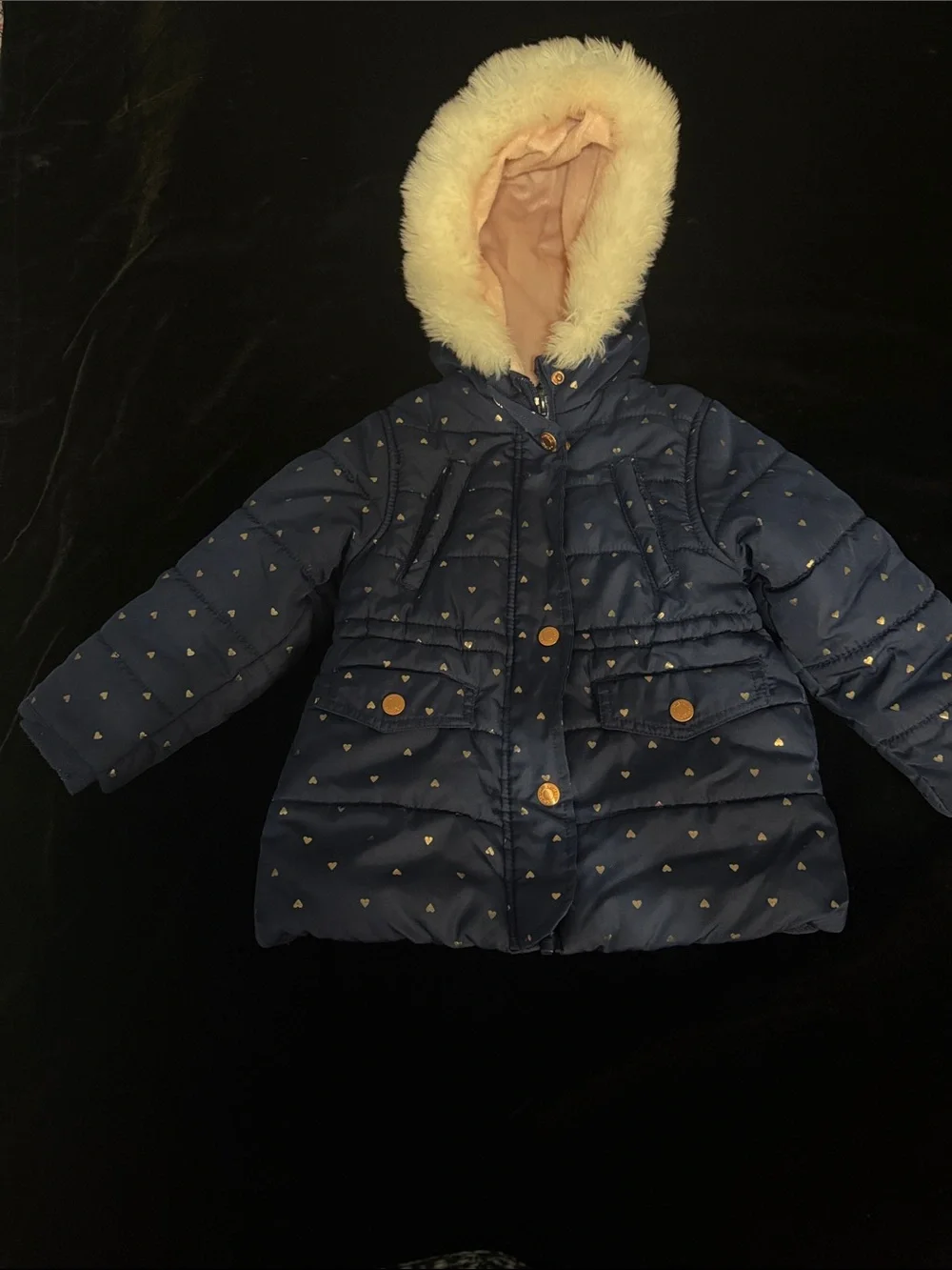 Carter's Navy Puffer Jacket with Faux Fur Trim and Gold Hearts